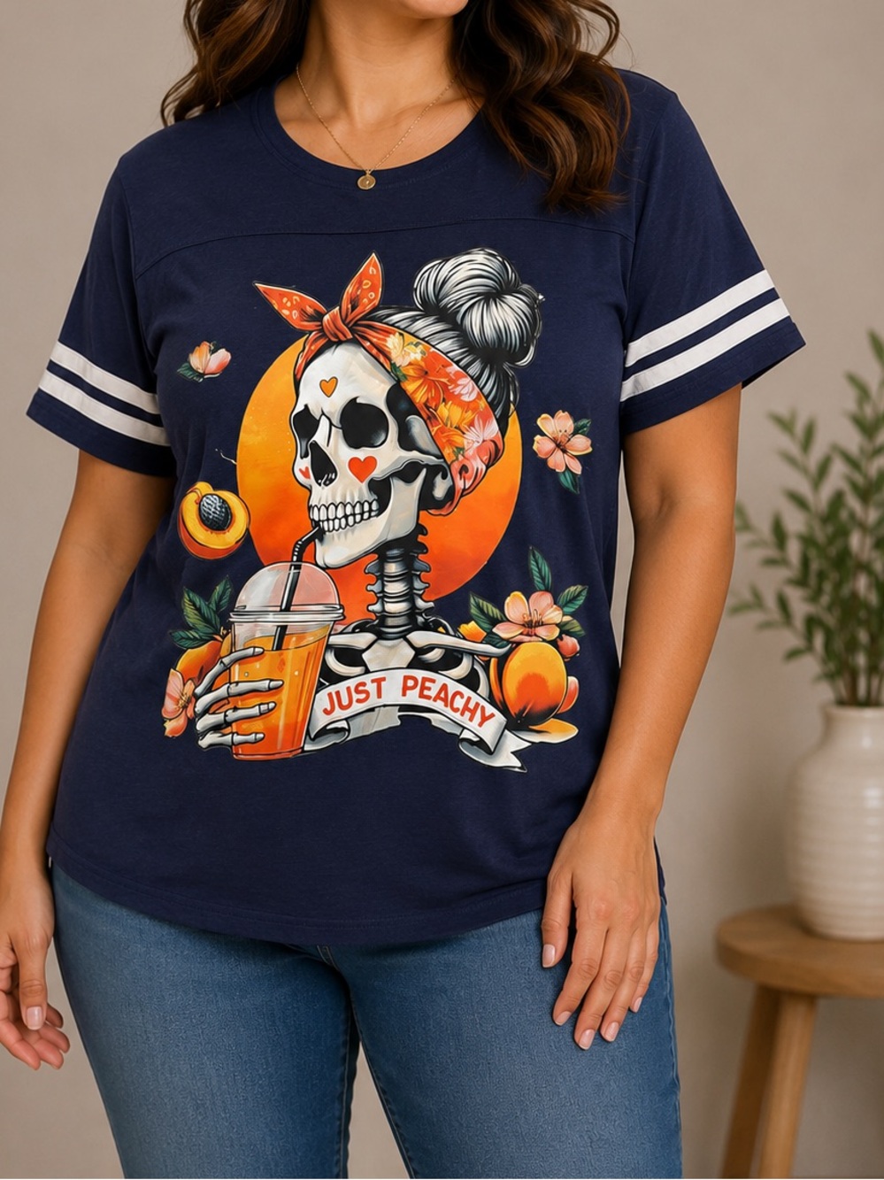 Avalon Navy Graphic Tee with Peach Skull Design MEDIUM